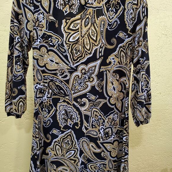 INC blouse womens size small black gold dark square neck retro vegas vibes top - Picture 4 of 6